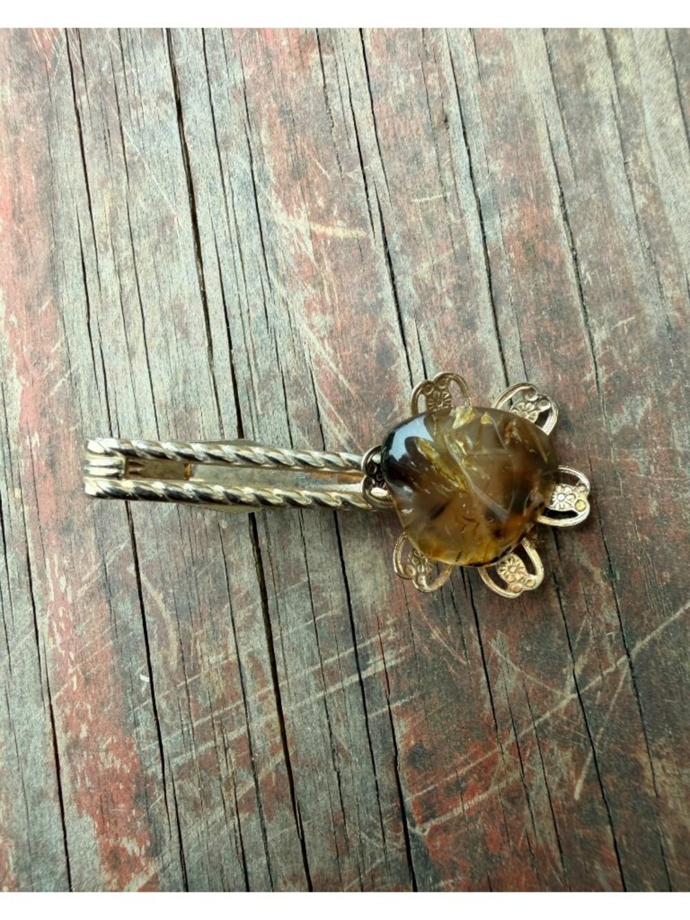 Vintage Gold-Tone Hair Clip With Floral Design & Gemstone